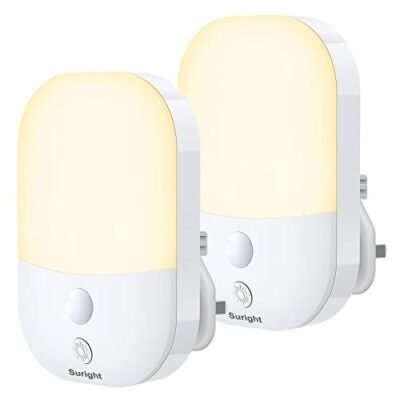 Suright Plug in Night Light with Dusk to Dawn Photocell Sensor, 2 Pack Night Light with 5 Levels Brightness Adjustable, 3000K Warm White Night Light Kids for Bedroom, Hallway, Stairs, Nursery, 0.3 W