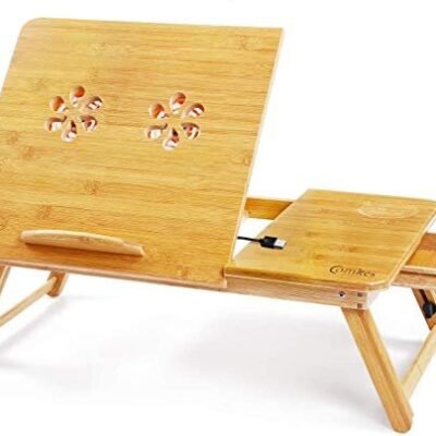Laptop Desk,KMASHI Adjustable Laptop Desk Table,100% Bamboo with USB Cooling Fan Foldable Breakfast Serving Bed Tray w' Tilting Top Drawer