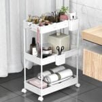 SPACEKEEPER Storage Trolley 3-Tier Rolling Utility Cart Slide Out Shelving Organization Shelf for Laundry Bathroom Kitchen with Small Containers & Hooks White