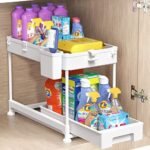 SPACEKEEPER Under Sink Storage Shelf,2 Tier Slide Out Under Cabinet Basket Drawer,Multi-Purpose Slim Organizer for Kitchen Bathroom,Bottom Slide Out Basket,40x22x31cm,White