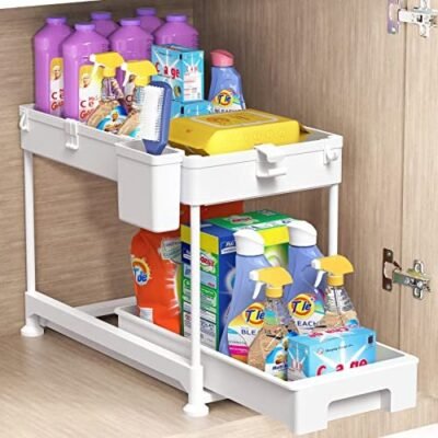 SPACEKEEPER Under Sink Storage Shelf,2 Tier Slide Out Under Cabinet Basket Drawer,Multi-Purpose Slim Organizer for Kitchen Bathroom,Bottom Slide Out Basket,40x22x31cm,White